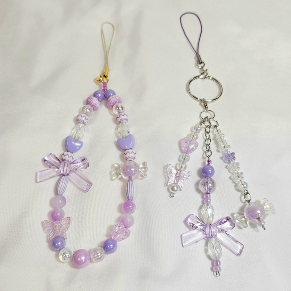 Handmade Accessories - Set of  Purple Lilac Lavander Beaded Phone Charm, Keychain, Badge, Purse Charm